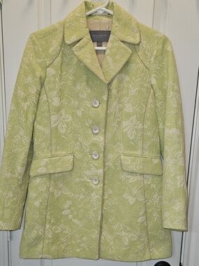 Ann Taylor Loft Petite Size 4P Cotton Floral Brocade Light Green Cream Coat